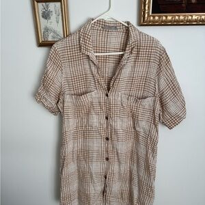 Everlane Tan & Cream 100% Linen Checkered Shirt Button IpDress with Pockets